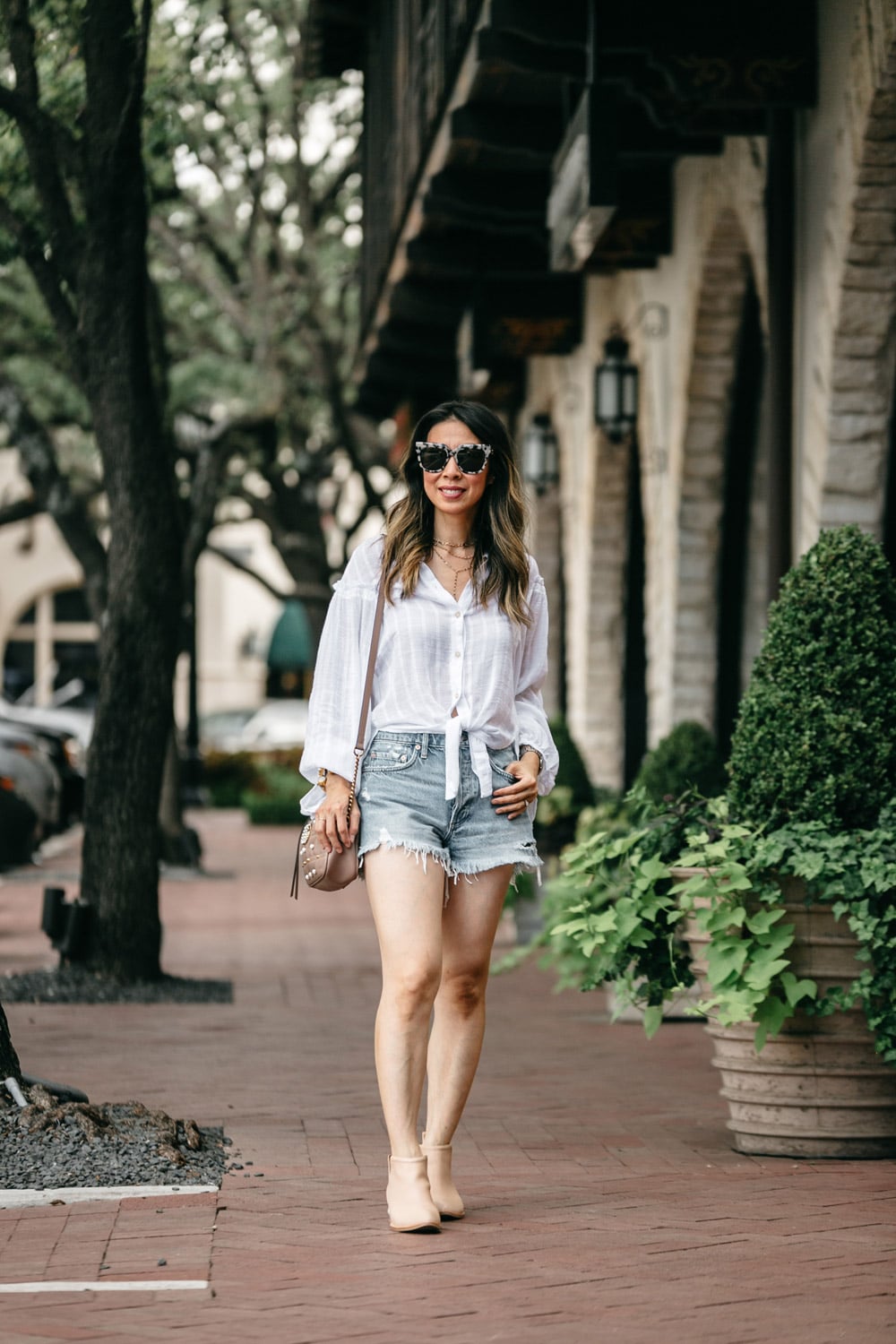 free people headed to the highlands button up blouse agolde parker denim shorts jeffrey campbell musklo pearl bootie