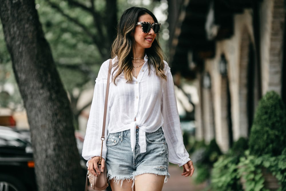 free people headed to the highlands button up blouse agolde parker denim shorts labor day outfit 