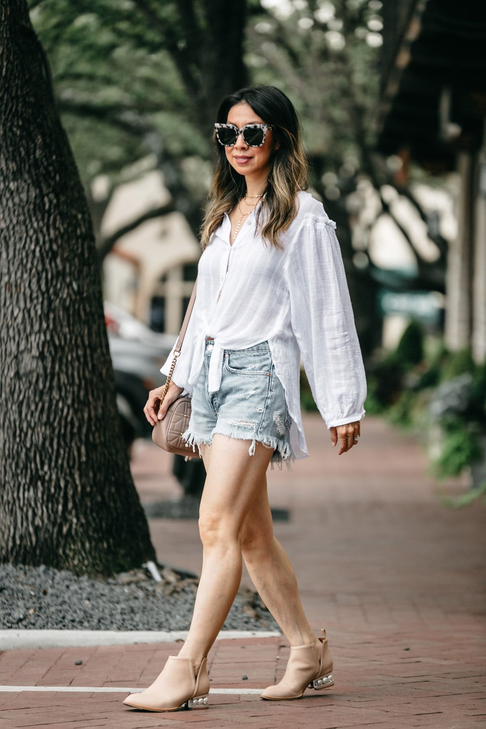 free people headed to the highlands button up blouse agolde parker denim shorts jeffrey campbell musklo pearl bootie