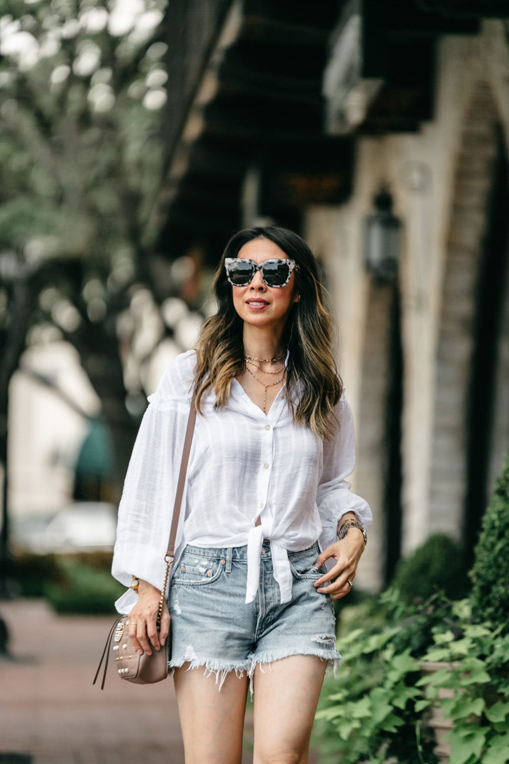 free people headed to the highlands button up blouse agolde parker denim shorts sonix avelon sunglasses