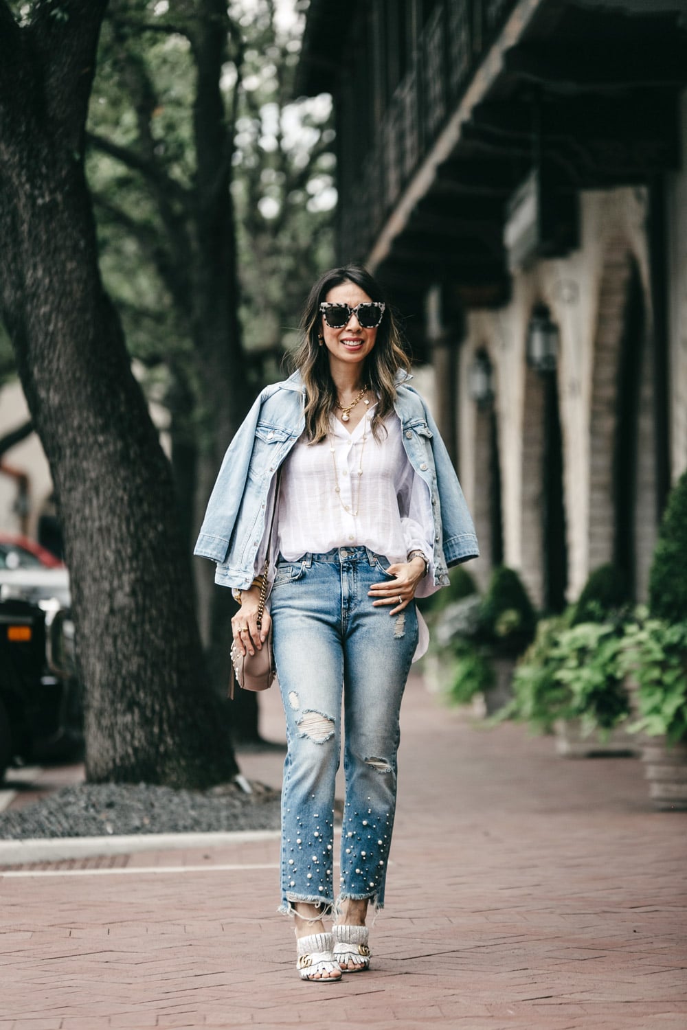 madewell bell sleeve denim jacket free people to the highlands top pearl embellished jeans gucci marmont silver mules