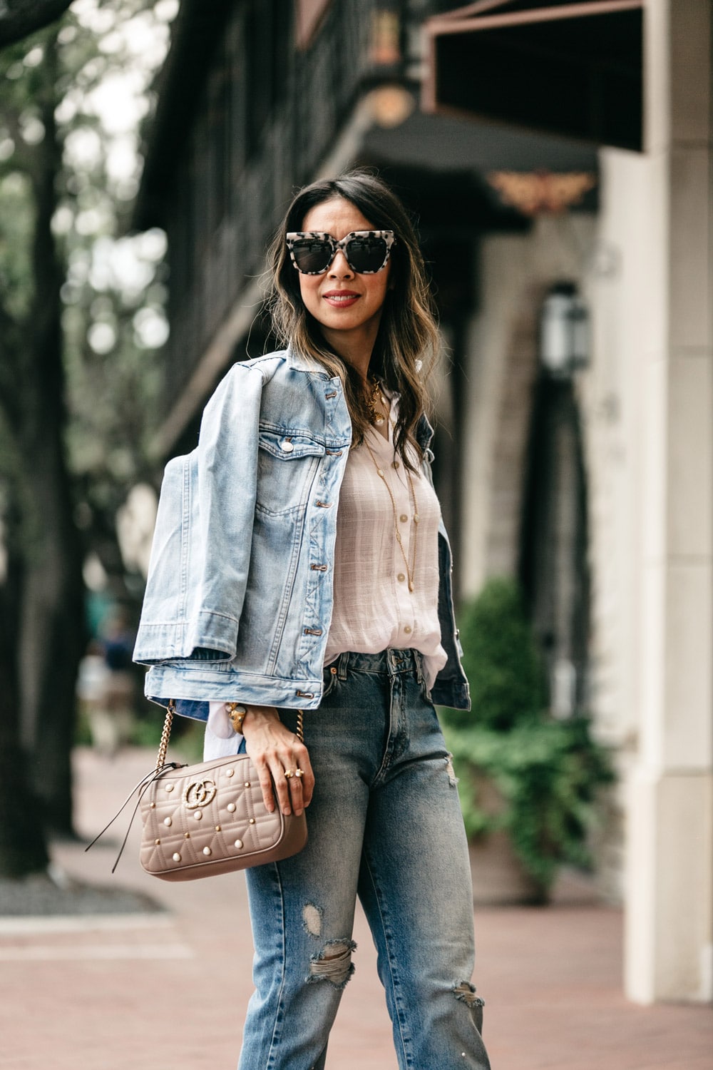 madewell bell sleeve denim jacket free people to the highlands top pearl embellished jeans gucci marmont pearl cameral bag