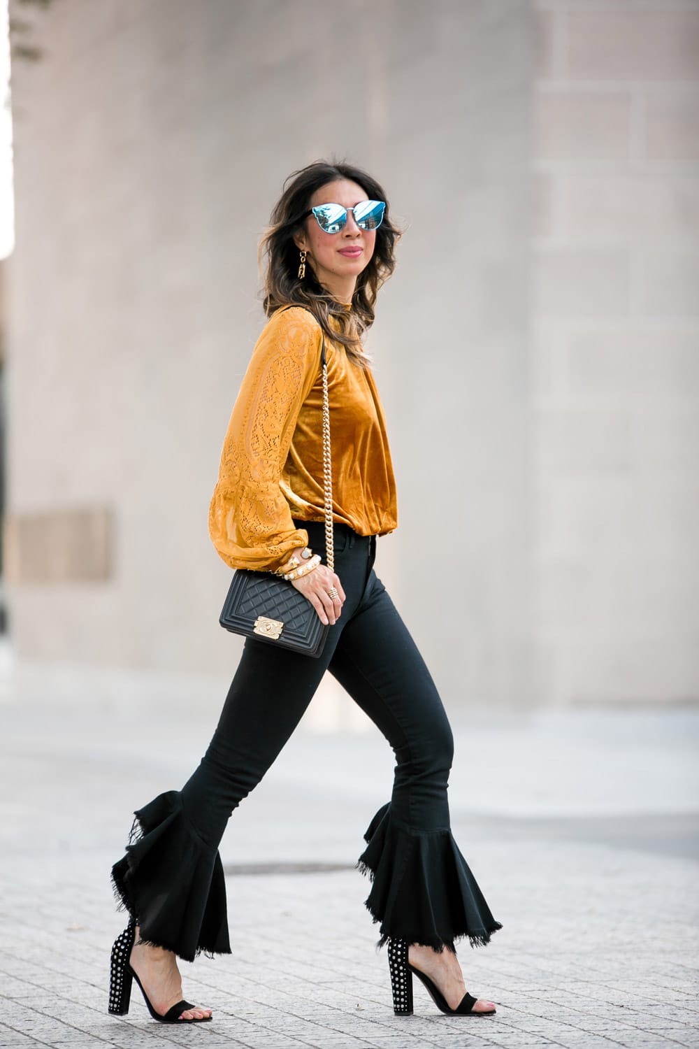 marigold velvet lace top citizens of humanity drew flounce jeans chanel boy bag dior sunglasses