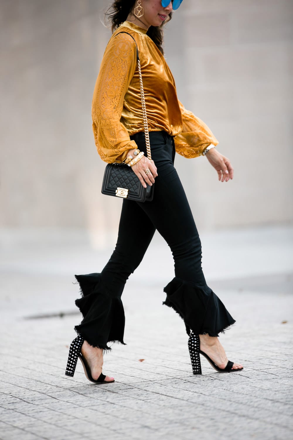 marigold velvet lace top citizens of humanity drew flounce jeans chanel boy bag dolce vita studded sandals