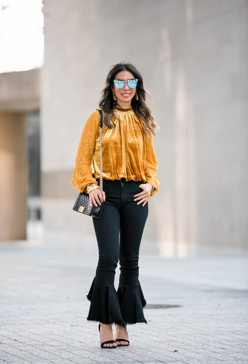 marigold velvet lace top citizens of humanity drew flounce jeans chanel boy bag dior sunglasses