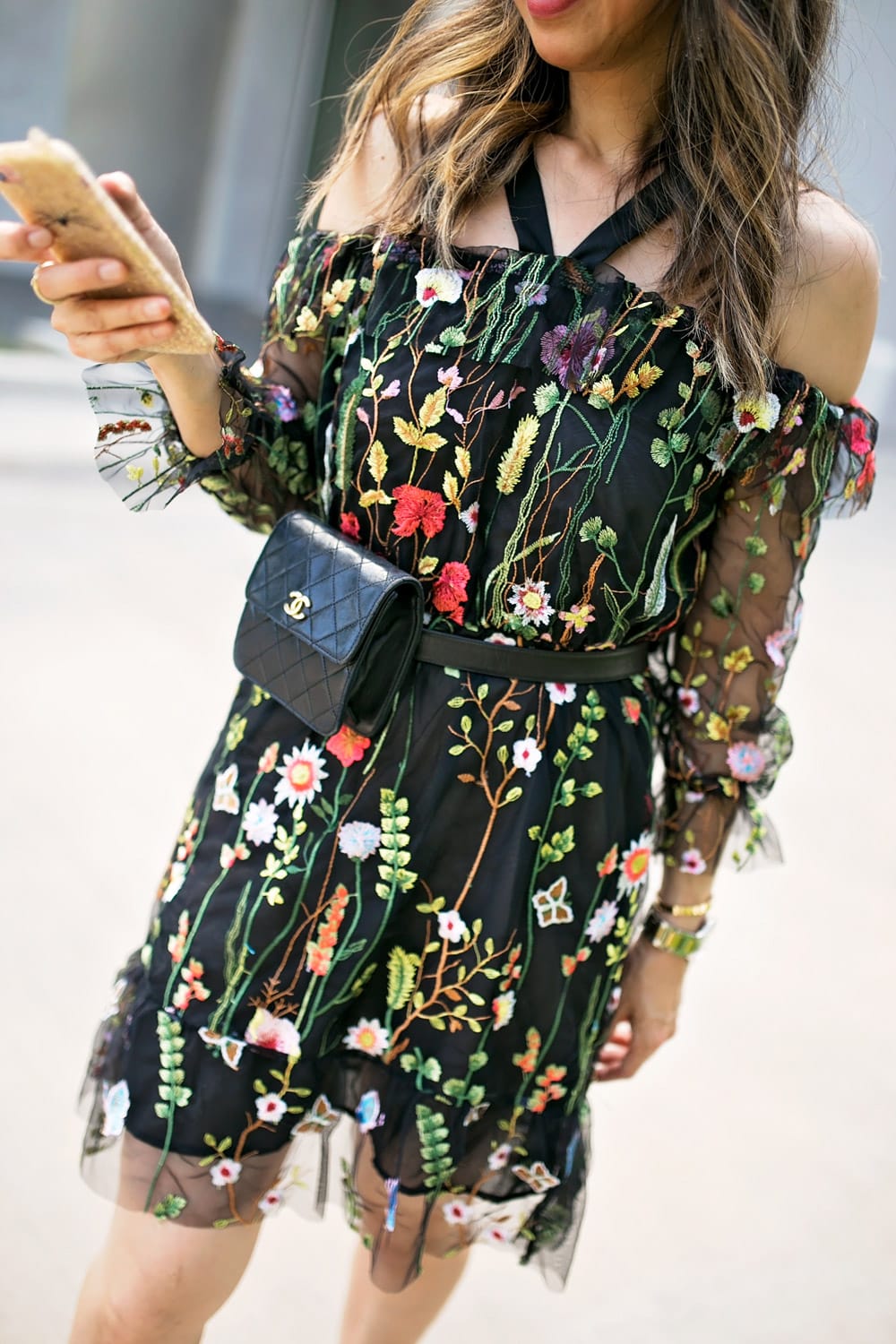 dark floral trend off the shoulder embroidered dress chanel waist bag