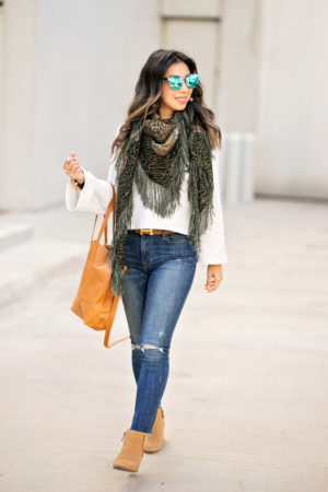 ABLE bell sleeve pullover high rise jeans chelsea boot abera crossbody tote green fringe scarf