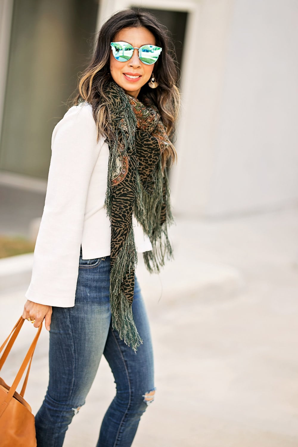 ABLE bell sleeve pullover high rise jeans chelsea boot abera crossbody tote green fringe scarf