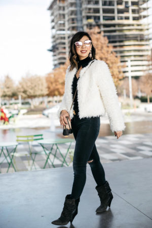 winter white faux fur jacket black skinny jeans isabel marant pour h&M fringe booties