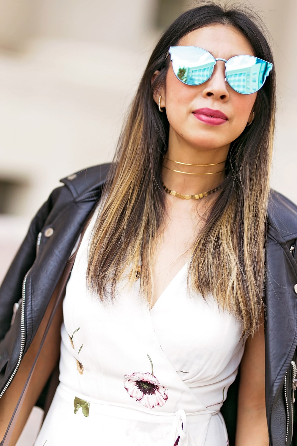 mirrored sunglasses choker necklace layering moto jacket floral maxi dress