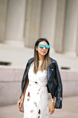 mirrored sunglasses choker necklace layering moto jacket floral maxi dress