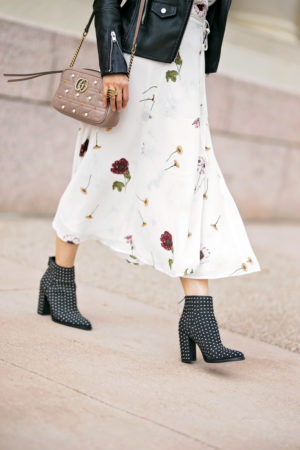 reformation carina floral maxi dress studded booties gucci pearl marmont bag