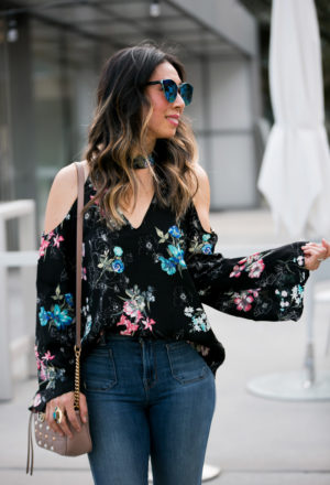 cold shoulder bell sleeve dark floral top wishing well acacia turquoise ring gucci pearl marmont bag
