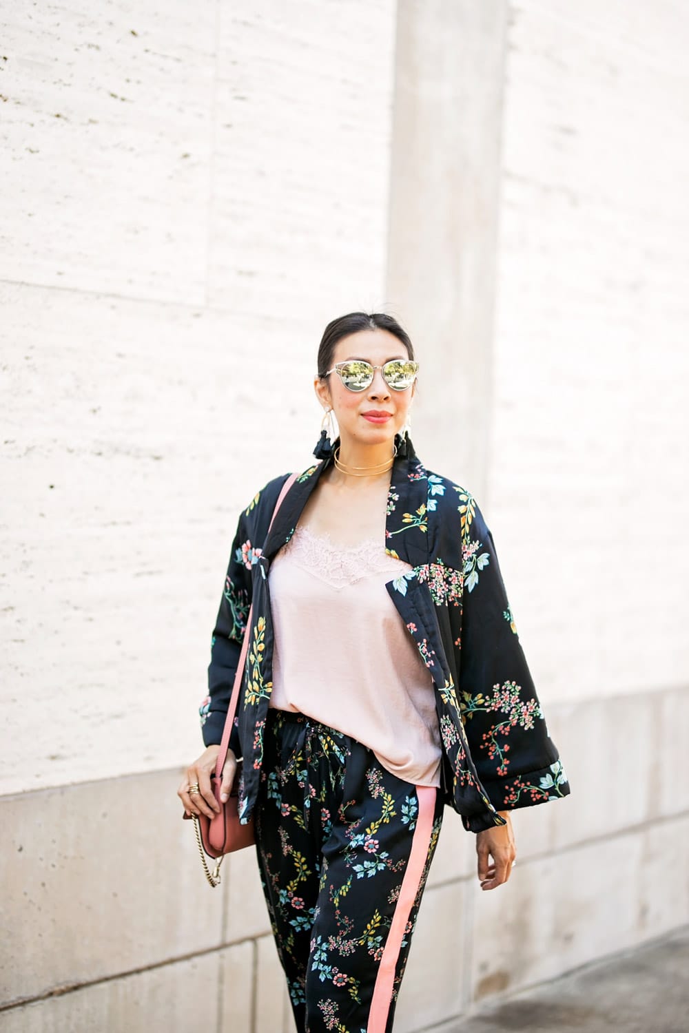 wear who what wear collection floral kimono pajama set baublebar tassel earrings pink lace cami 