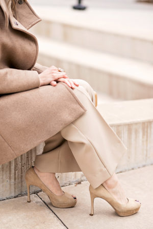 camel coat and beige coord set ysl platform heels