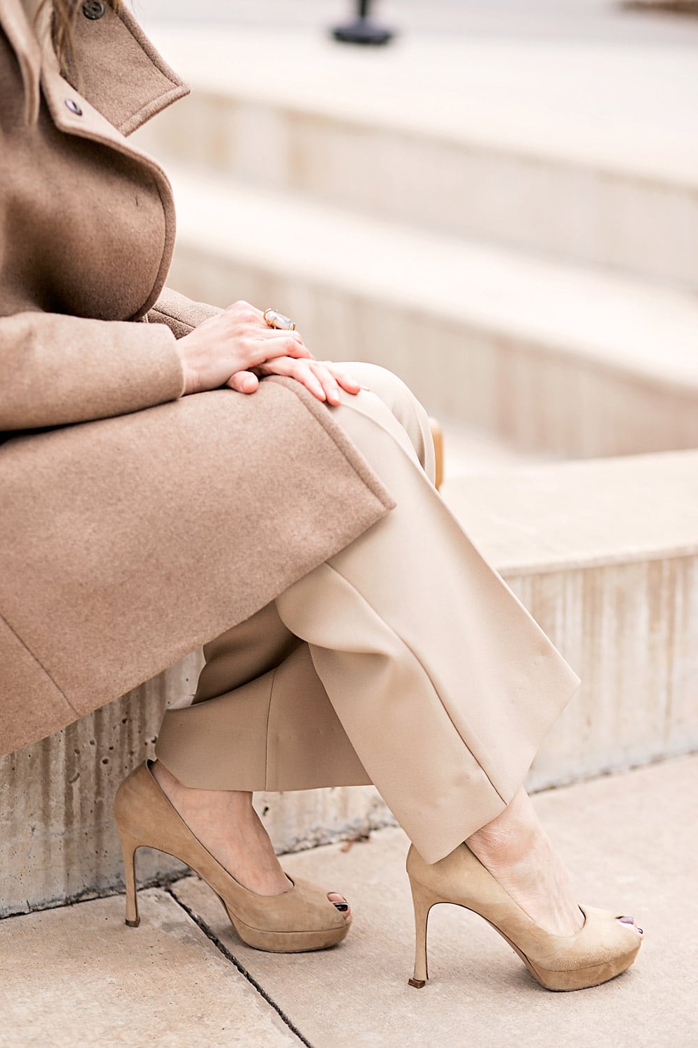 camel coat and beige coord set ysl platform heels