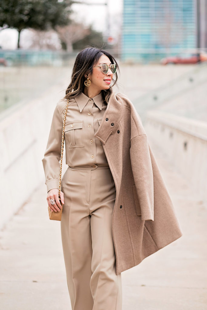 camel coat and beige coord set chanel earrings