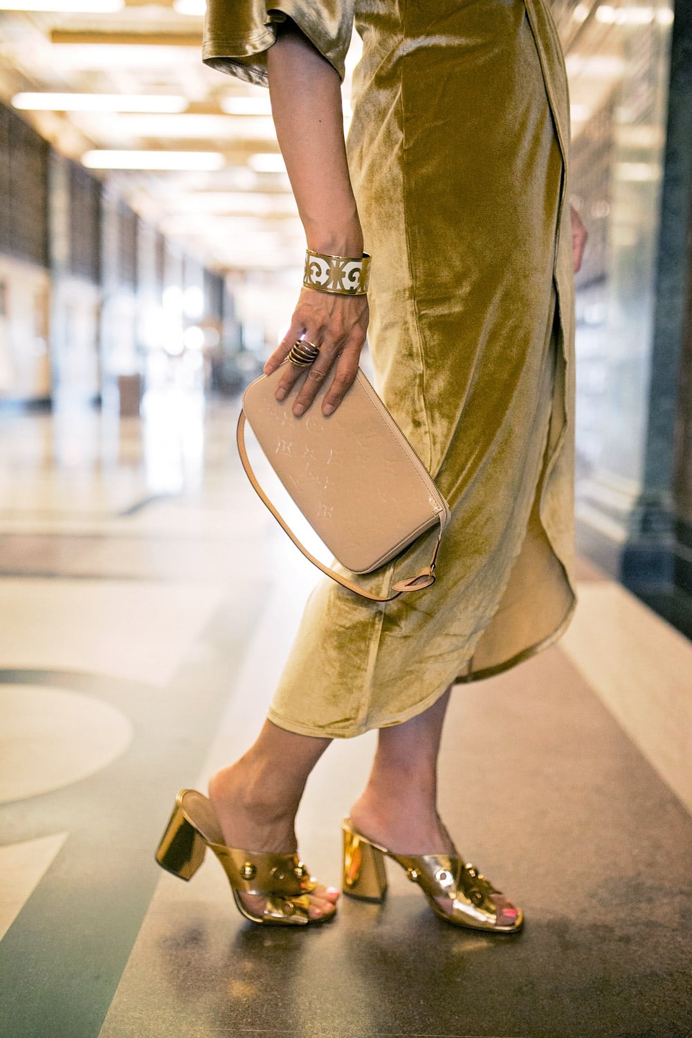 gold velvet dress louis vuitton vernis pochette michael kors gold sandals