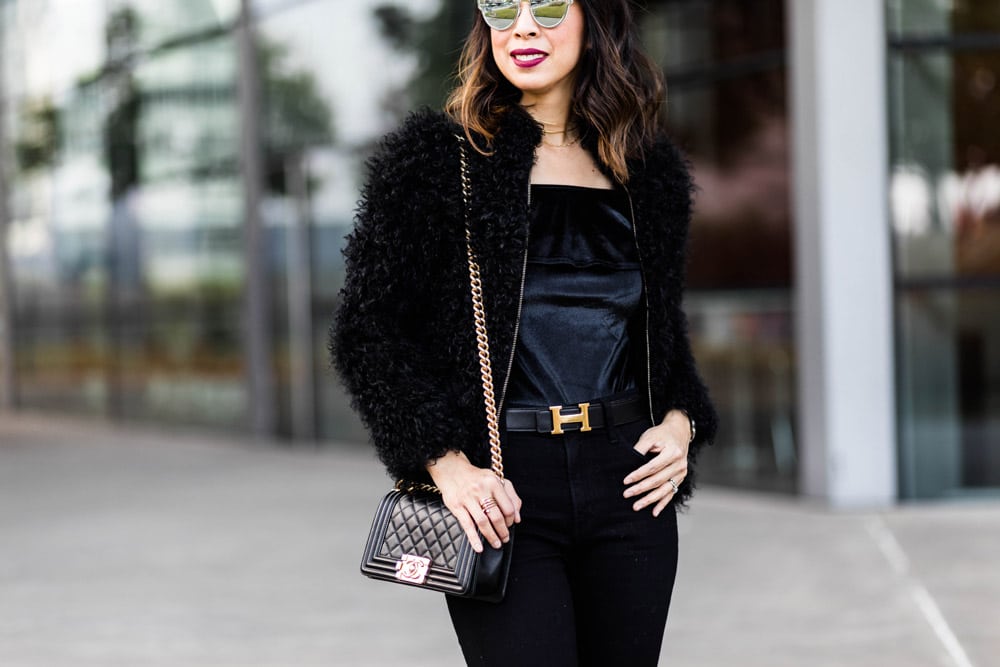 all black outfit fur jacket