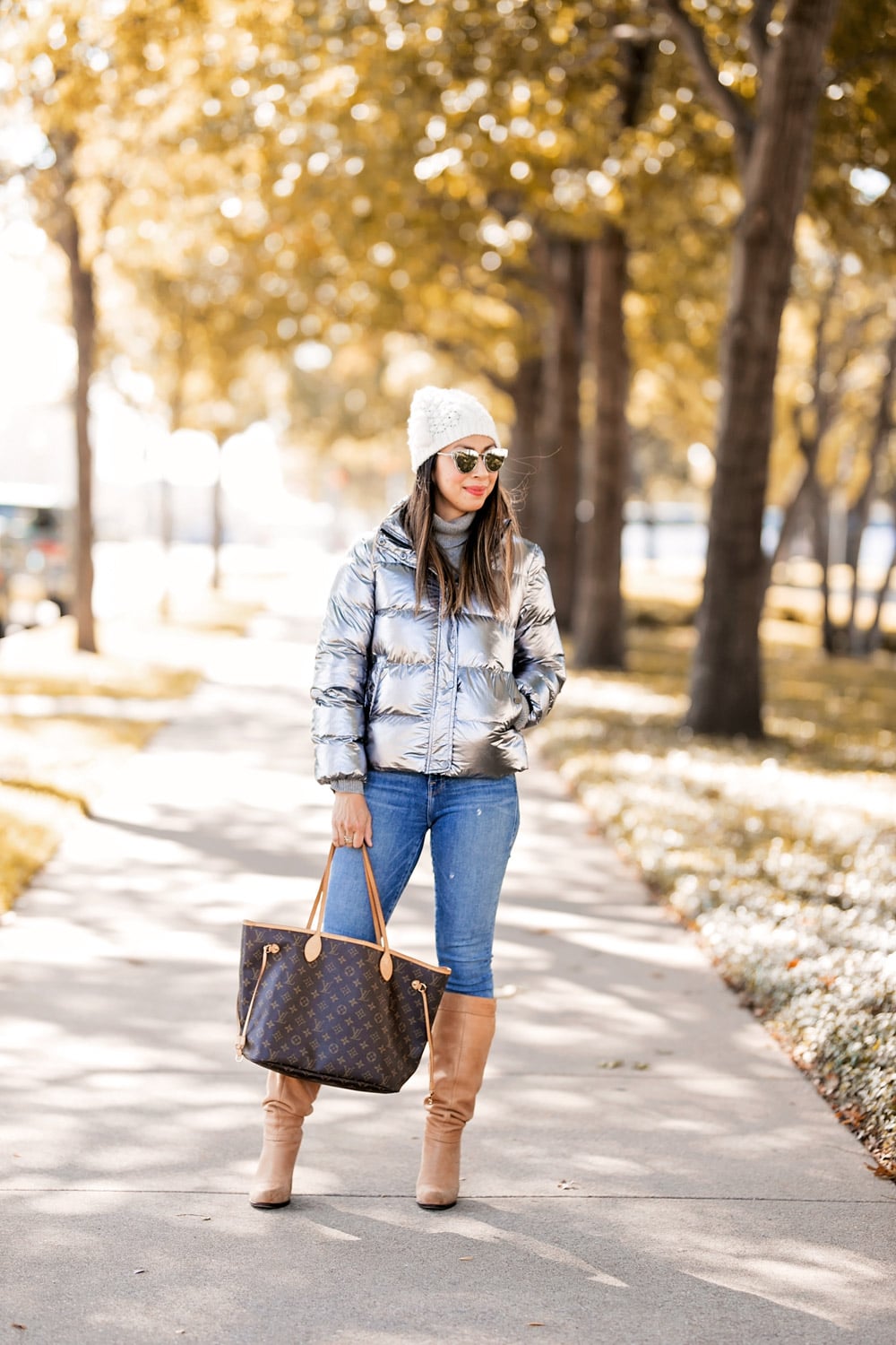 who what wear collection metallic puffer jacket cream pom pom beanie camel knee high boots louis vuitton neverfull mm