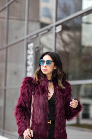 how to wear a burgundy fur jacket