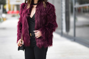 how to wear a burgundy fur jacket