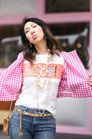 pink gingham jacket bisou! graphic tee chanel accessories blowing a kiss
