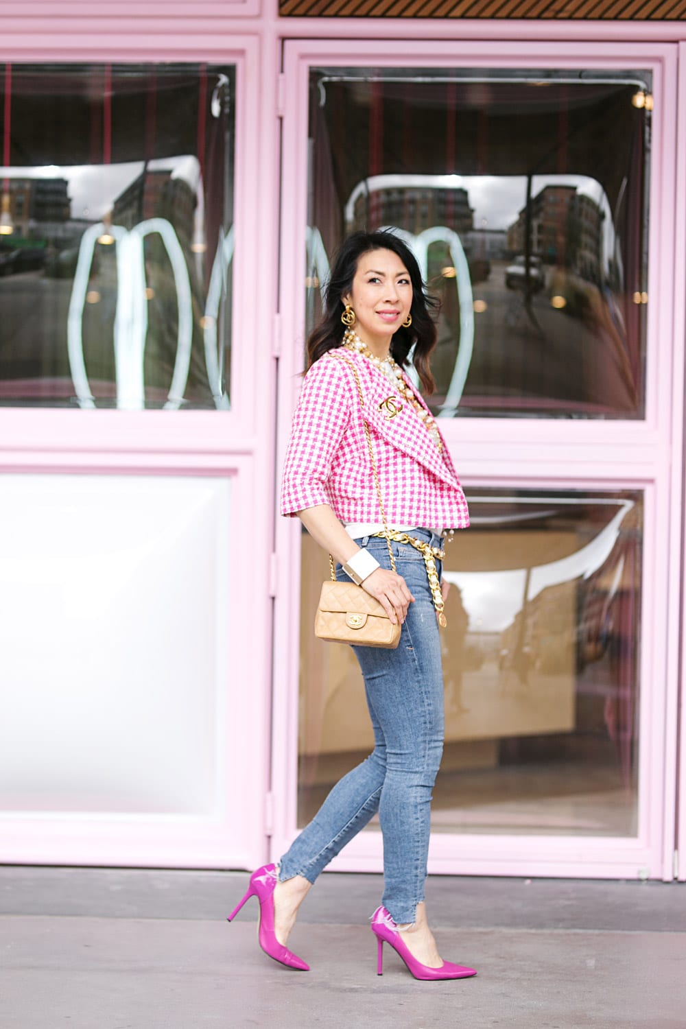 pink gingham jacket bisou! graphic tee chanel accessories