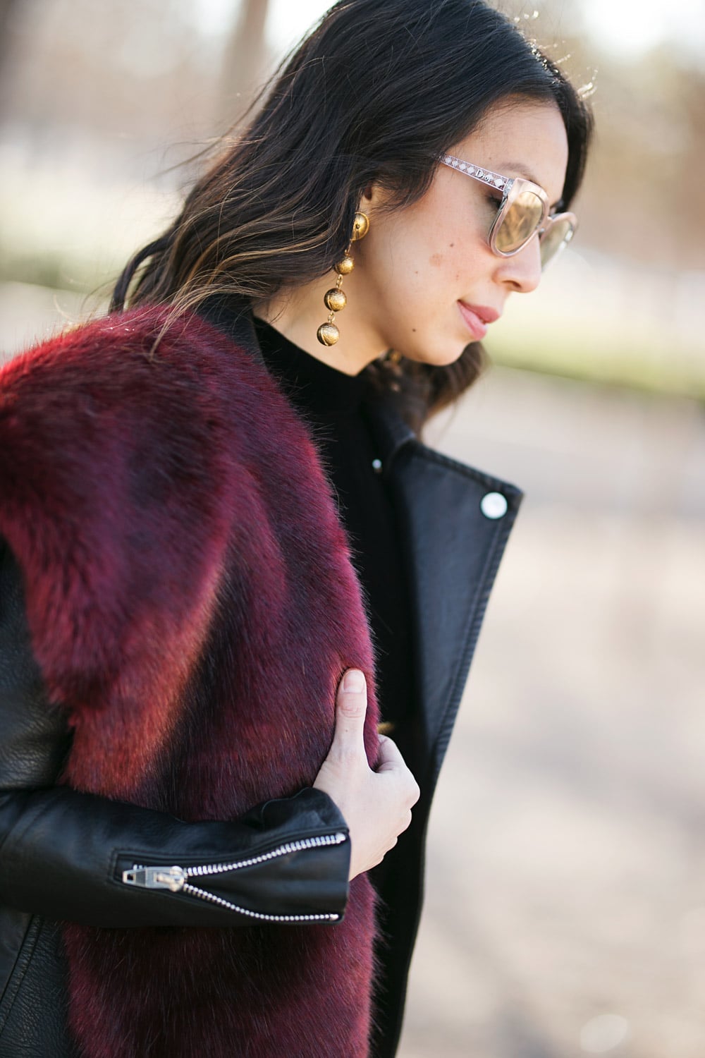 vintage chanel ball drop earrings burgundy fur stole moto jacket