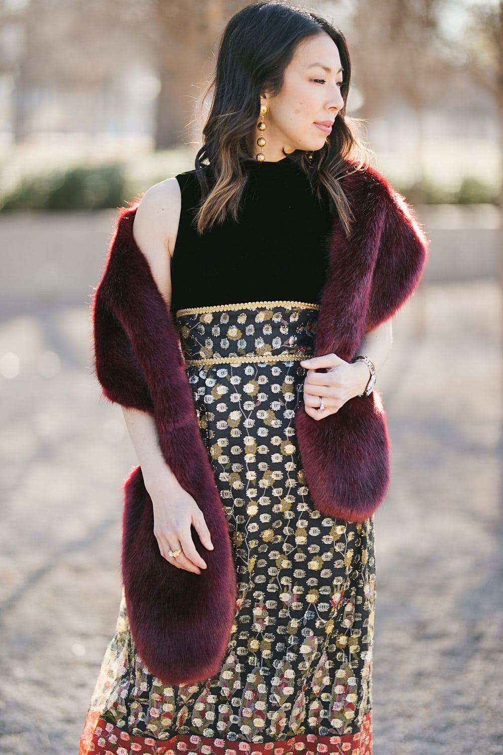 vintage metallic chiffon brocade dress burgundy faux fur stole