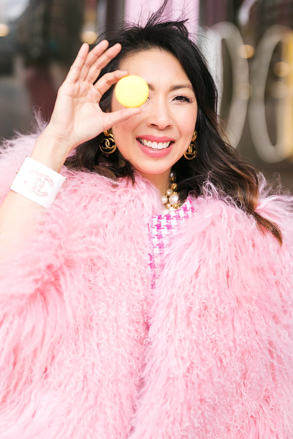 valentine's day yellow macaron pink fur jacket chanel