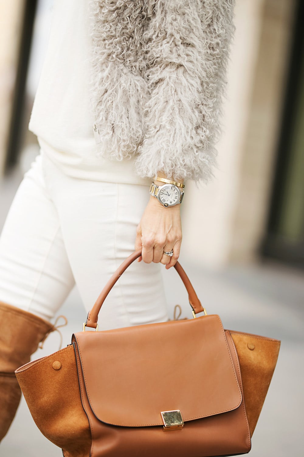 winter white outfit celine trapeze bag brown