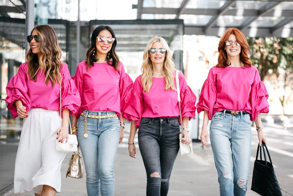 how to wear pink puffy statement sleeve top
