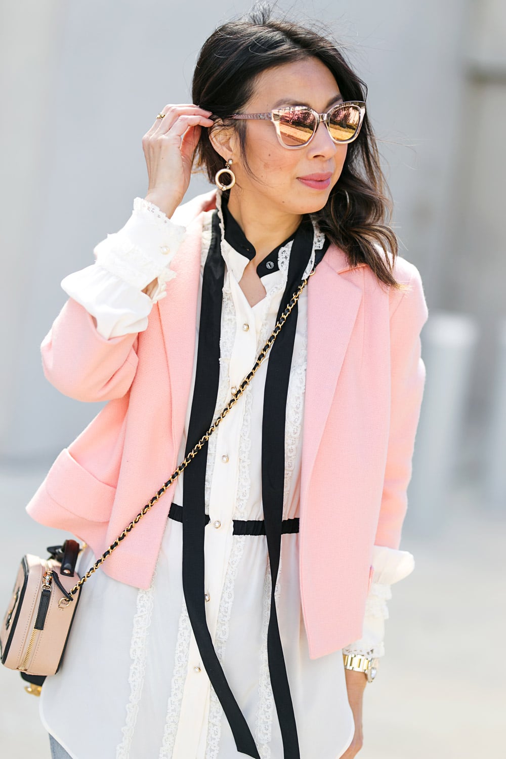 style of sam in cropped pink jacket and chanel inspired outfit
