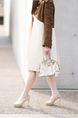 brown beige color block dress jacket set ysl gold mini muse bag