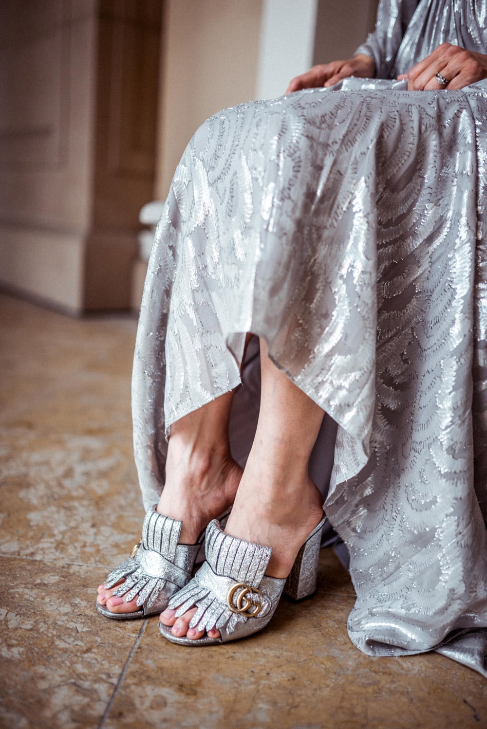 style of sam in elizabeth & james metallic caftan dress gucci silver slides