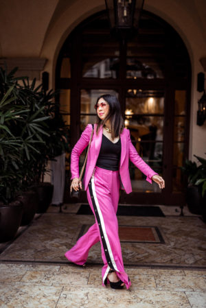 style of sam in veronica beard pink blazer track pant suit set