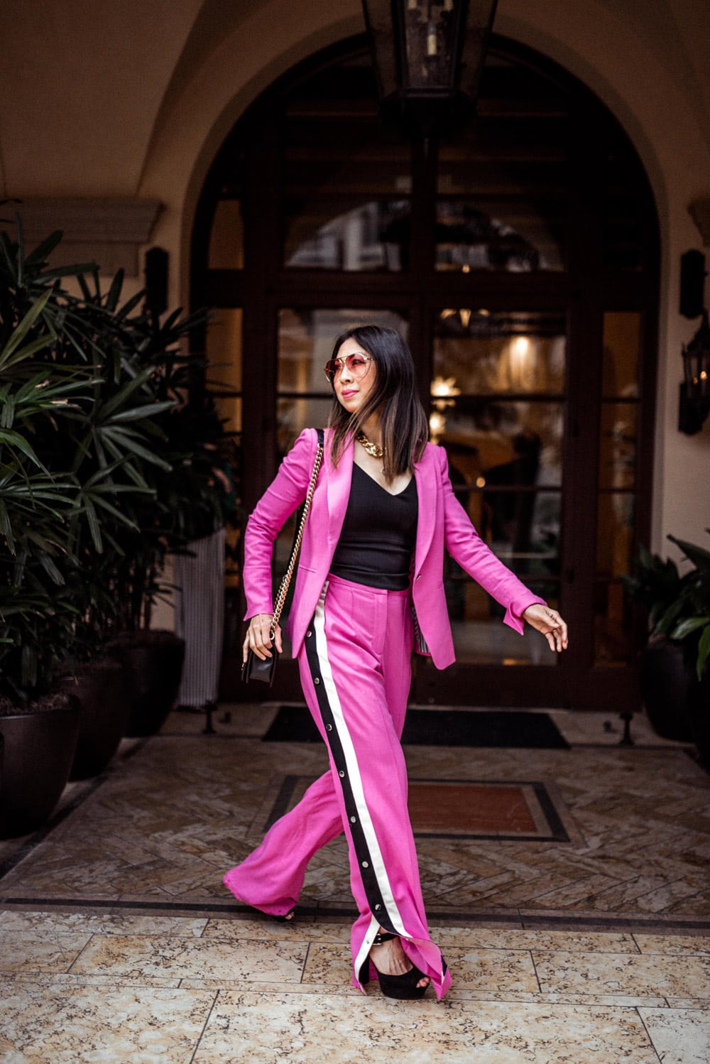 style of sam in veronica beard pink blazer track pant suit set