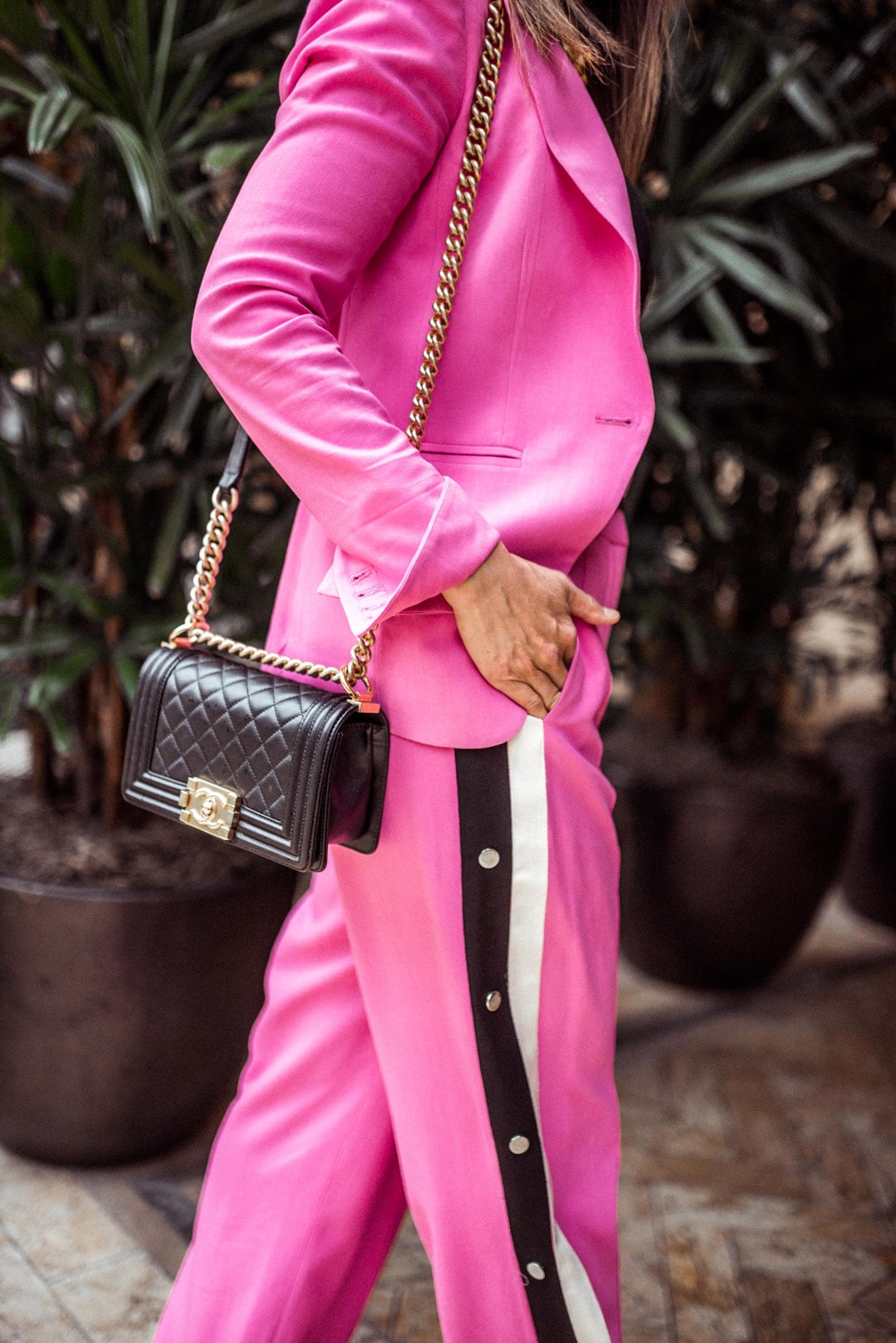 chanel boy bag veronica beard pink blazer track pant suit set