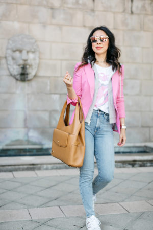 style of sam in veronica beard pink blazer travel style luna by lavoie isabella bag