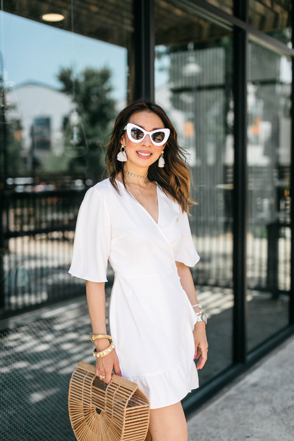 style of sam in white ruffle wrap dress studded espadrilles