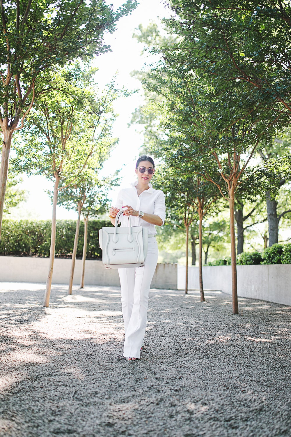 style of sam in all white outfit callidae show top celine box bag