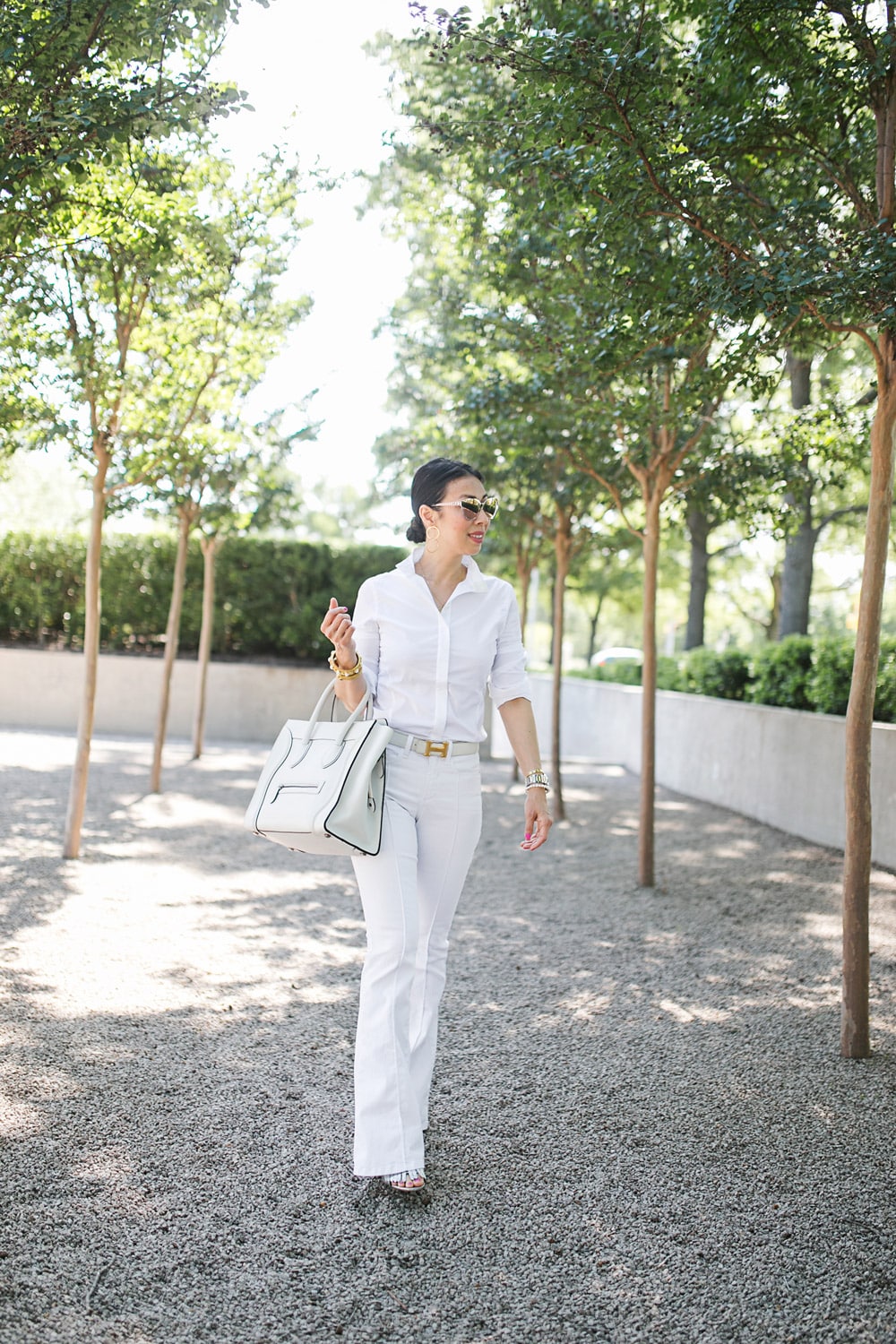 style of sam in all white outfit callidae show top celine luggage tote