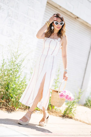 style of sam in reformation striped lilac front slit linen dress