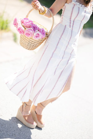 style of sam in reformation striped lilac front slit linen dress pink roses basket bag
