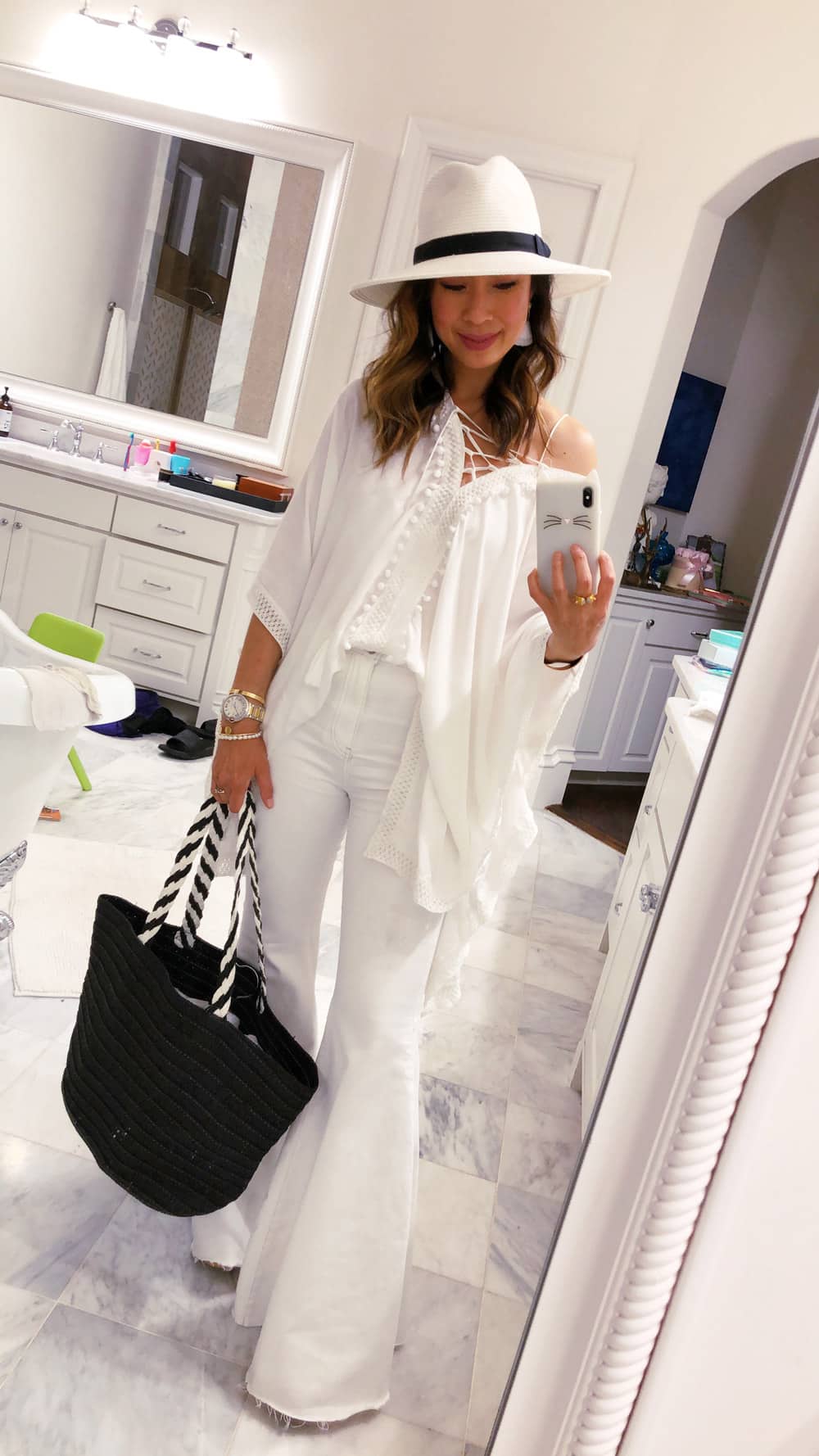 style of sam in rachel zoe summer box of style all white outfit with hat and flare jeans