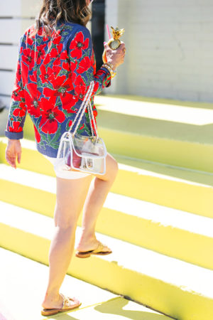 style of sam in red floral tunic white clear pvc flap bag