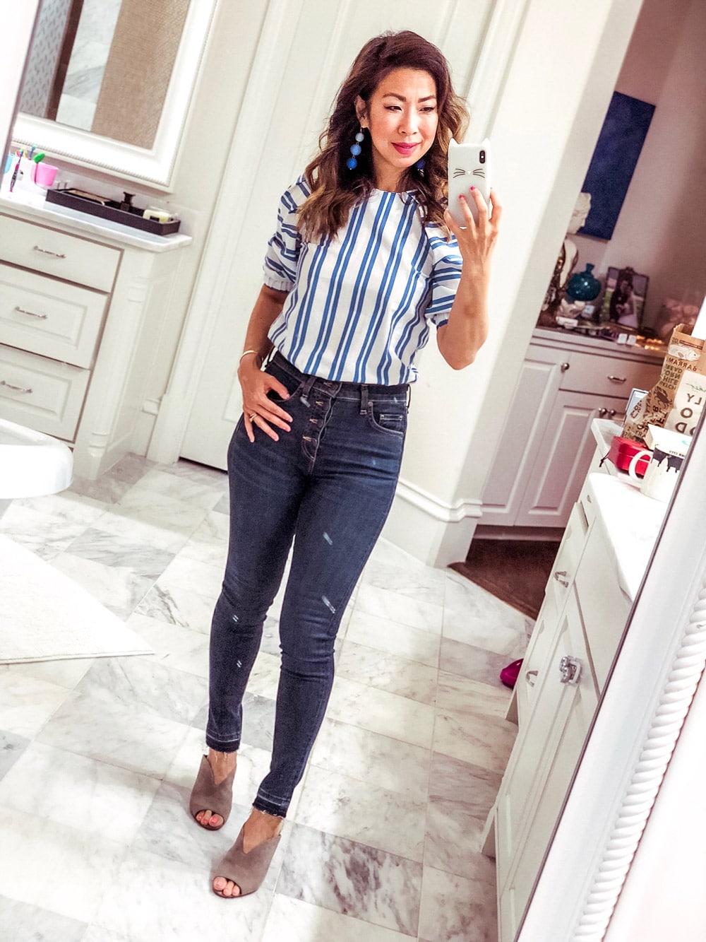 style of sam in H&M blue and white striped puff sleeve top Veronica beard Debby jeans
