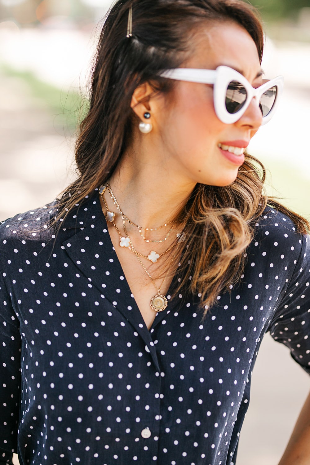 style of sam in everlane polka dot cupro shirt dress cabi heritage pearl earrings VCA alhambra necklace