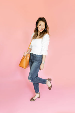 style of sam in reformation gala linen top able high rise lorena wash jeans mansur gavriel bucket bag cabi animal print shoes
